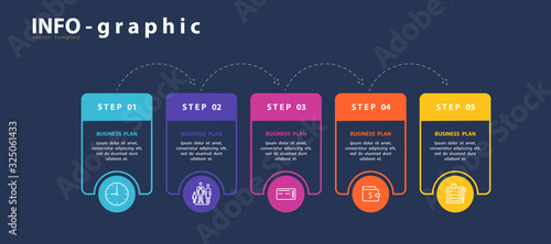 Infographic design and marketing icons, vector. Can be used to create workflows, charts, annual reports, web design presentations. Business concept with 5 options, process steps, sticker, information