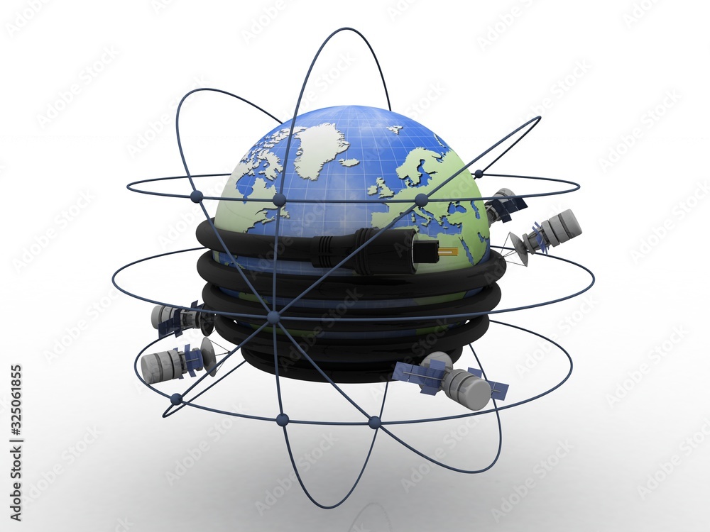 3d illustration Space satellite orbit with aux cable connected globe - obrazy, fototapety, plakaty 