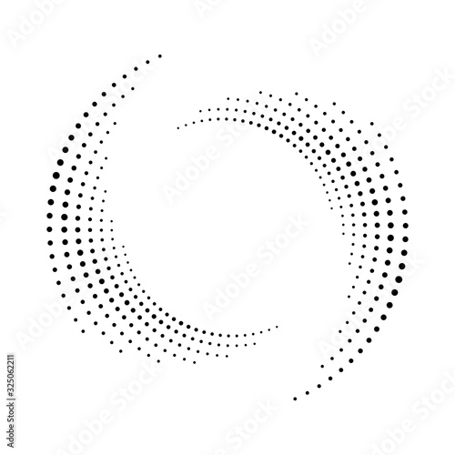 Spiral dots backdrop. Halftone shape, abstract logo emblem or design element for any project. Segmented circle with rotation.
