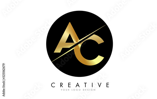 AC A C Golden Letter Logo Design with a Creative Cut.