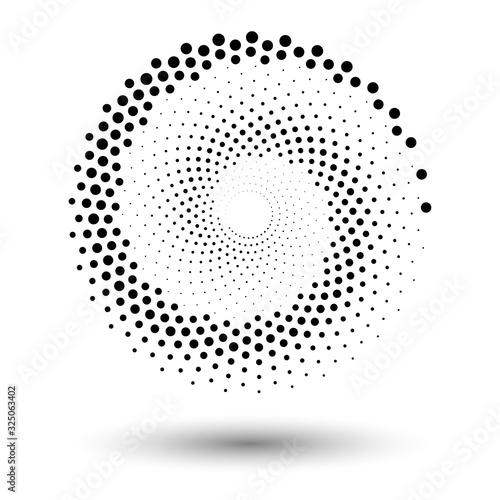 Spiral dots backdrop. Halftone shapes, abstract logo emblem or design element for any project