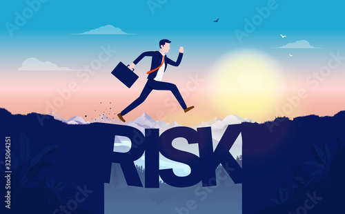 Business risk - Fearless man jumping over cliff with bride made of letters spelling single word. Sunrise, mountains and landscape in background. Risk reward, challenge and courage concept. Vector