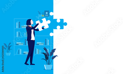 Missing piece - Business woman putting the final piece of the incomplete puzzle in place in her office. Solution, problem solving, idea concept. Corporate vector illustration.