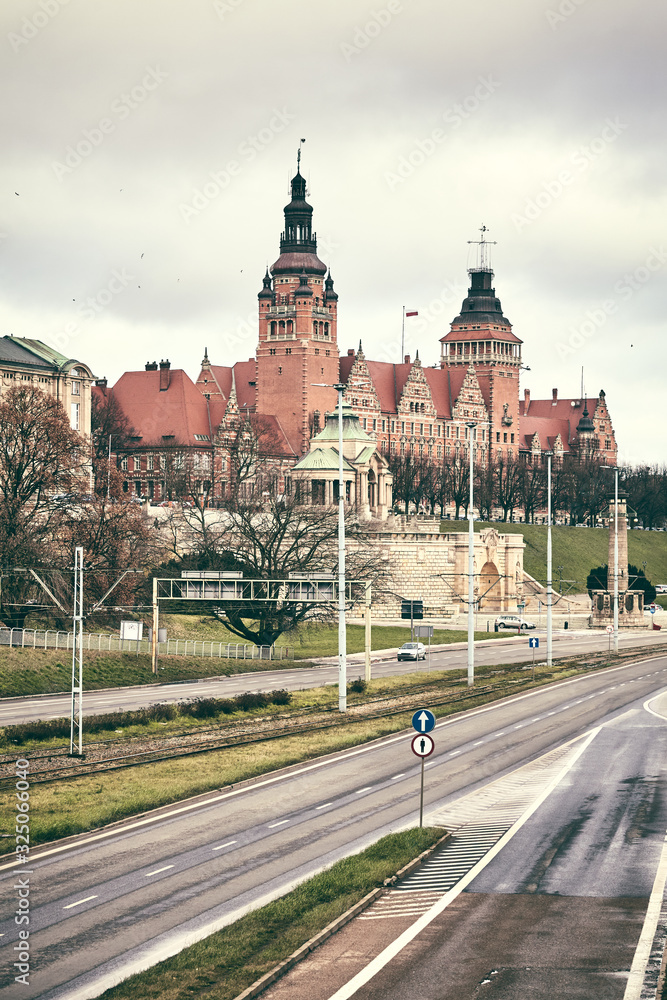 Fototapeta premium Retro toned picture of historic part of Szczecin City (Waly Chrobrego), Poland.