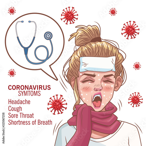 coronavirus infographic with sick woman and stethoscope