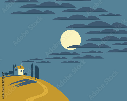 Vector night landscape with a village house on a hill and the sky with full moon and clouds. Decorative childish illustration in cartoon style.
