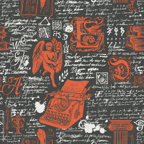 Vector seamless pattern on a writers theme. Abstract background with unreadable handwritten notes and hand-drawn typewriter, angel, capital letters. Suitable for wrapping paper, wallpaper, fabric