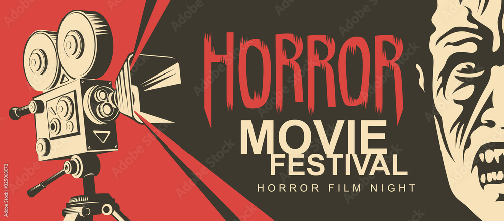 Vector poster for a horror movie festival. Illustration with old film projector and face of a creepy zombie. Horror film night. Scary cinema. Can be used for tickets, flyer, banner, web design