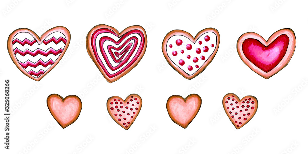 Happy Valentine's Day. Set hearts of love cookies. Watercolor card. Happy Valentine's Day. Set hearts of love cookies. Watercolor card.