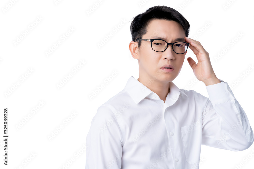sick asian glasses male adult Headaches & Migraines hand touch head with stressful and tension white background health ideas concept sick asian glasses male adult Headaches & Migraines hand touch head with stressful and tension white background health ideas concept