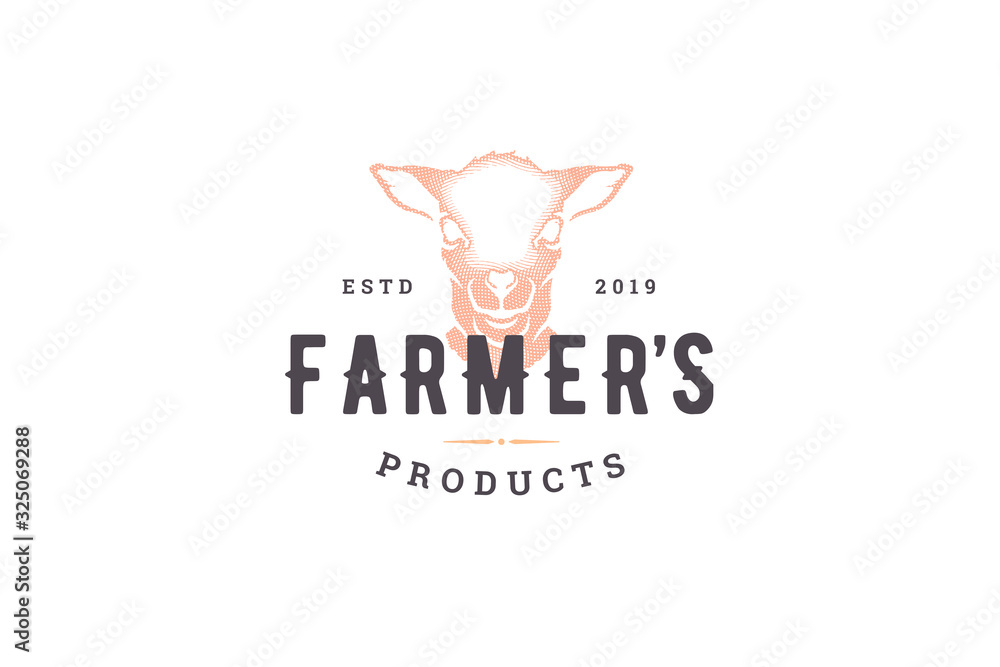 Hand drawn logo lamb head silhouette and modern vintage typography