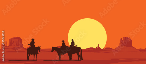 Fototapeta Vector landscape with wild American prairies and silhouettes of armed cowboys on horseback at sunset or dawn. Western vintage background. Decorative illustration on the theme of the wild West.