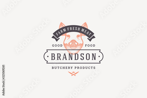 Hand drawn logo pig head silhouette and modern vintage typography retro style vector illustration.