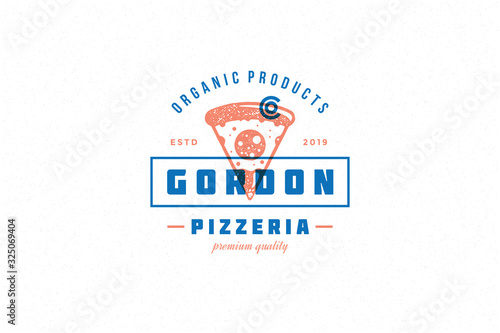 Hand drawn logo pizza slice silhouette and modern vintage typography retro style vector illustration.