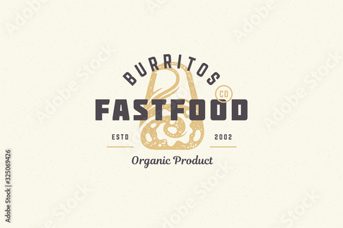 Hand drawn logo burrito silhouette and modern vintage typography retro style vector illustration.