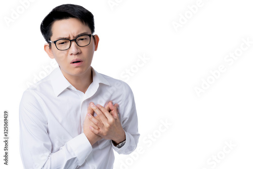 sick asian glasses male adult feel heart attack stroke hand touch chest body with stressful and tension white background healthy life ideas concept