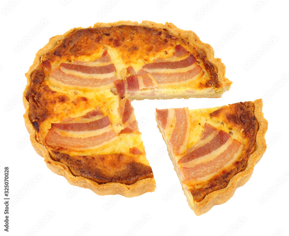 Maple bacon and cheddar cheese quiche isolated on a white background
