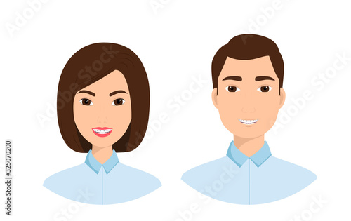 Portraits of a smiling man and woman with orthodontic braces on their teeth. Vector illustration