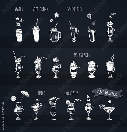 Bar menu design. Strong alcoholic drinks, wine bottle and wineglass, vodka shot, champagne, cognac and whiskey with ice vector icons. Vintage hand drawn sketch of beverages. Chalk vector illustrations