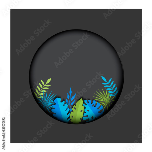 Postcard tropical leaves on a gray background in a circle