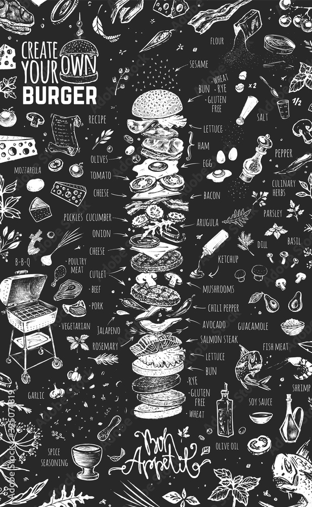 Burger menu design template for restaurant and cafe. Chalk drawn fast food cooking infographic on black background. Hand drawn hamburger sketch. Vector vintage hipster style illustration - obrazy, fototapety, plakaty 