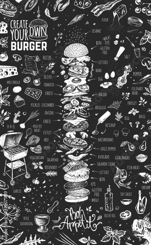 Burger menu design template for restaurant and cafe. Chalk drawn fast food cooking infographic on black background. Hand drawn hamburger sketch. Vector vintage hipster style illustration
