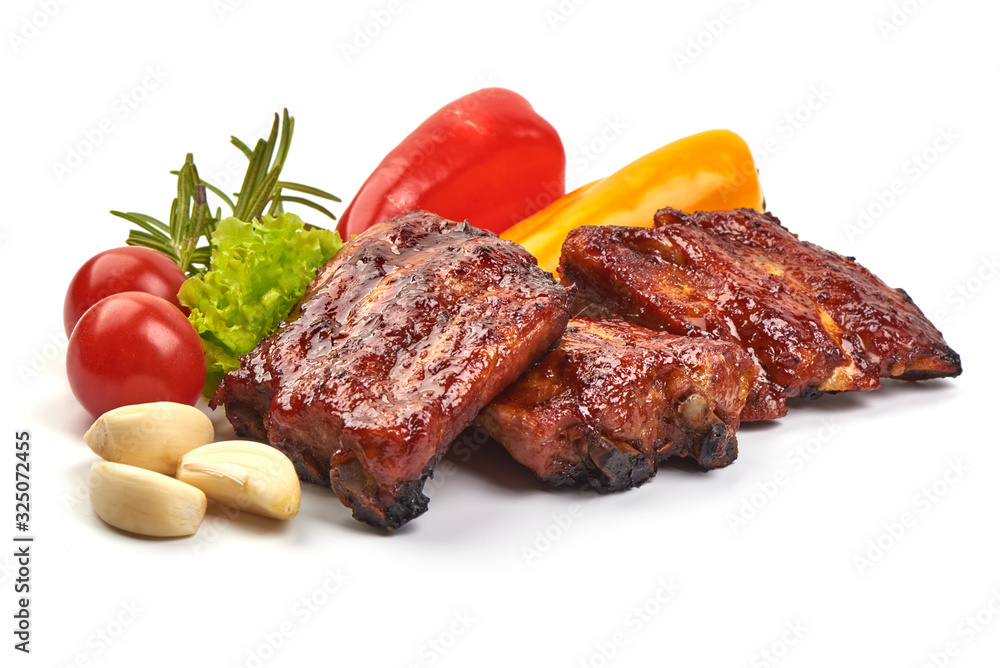 Delicious spicy marinated ribs in a bbq or tomato sauce, isolated on white background Delicious spicy marinated ribs in a bbq or tomato sauce, isolated on white background