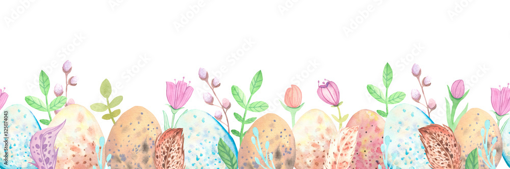 Watercolor hand drawn seamless border with flowers, Easter eggs ...