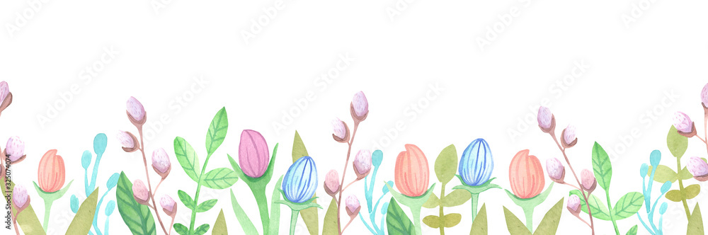 Watercolor hand drawn seamless border with flowers, leaves, tulips. Spring flower frame. Easter, woman day invitation. 