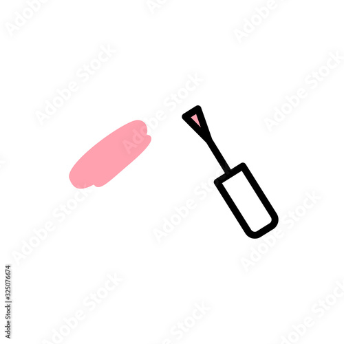 Vector linear nail polish brush icon with black stroke, white and pink fill. Polish brush leaves a pink strokes on a white background