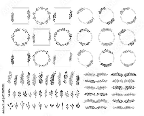 Collection of hand drawn frames, dividers, herbs, flowers, borders, corners. Wedding doodle design elements. Vector isolated illustration.