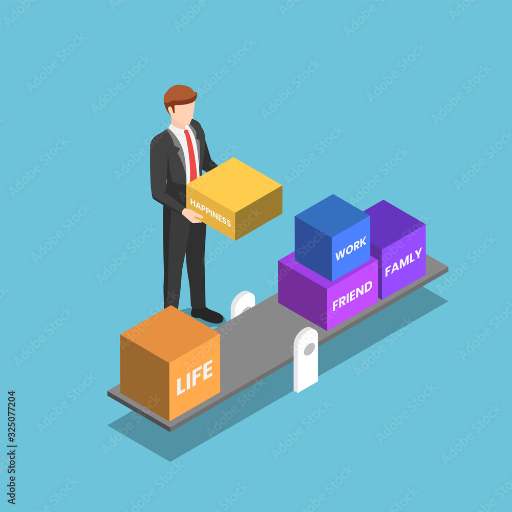 Isometric businessman trying to manage and balance his life Isometric businessman trying to manage and balance his life