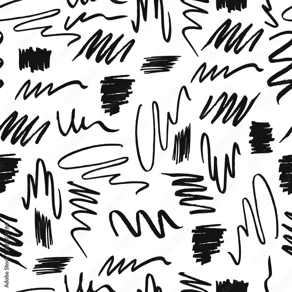 Seamless brush pattern with swirl and curl lines. Black and white freehand design. Vector hand drawn illustration. Seamless brush pattern with swirl and curl lines. Black and white freehand design. Vector hand drawn illustration.