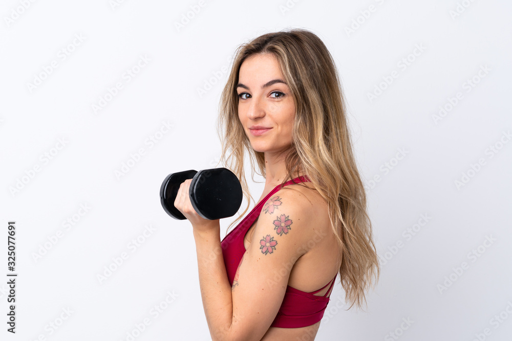 Young sport woman over isolated white background making weightlifting Young sport woman over isolated white background making weightlifting