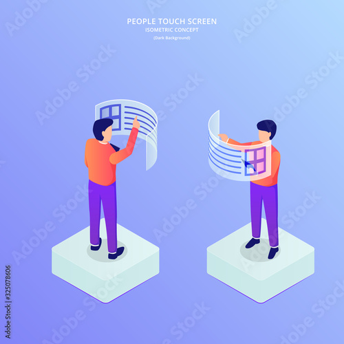 people access data information with hologram touch screen graph and chart with isometric flat style