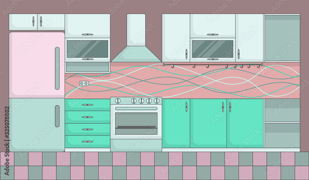 Kitchen with furniture, stove and refridgerator. Flat style vector illustration. Empty kitchen Kitchen with furniture, stove and refridgerator. Flat style vector illustration. Empty kitchen