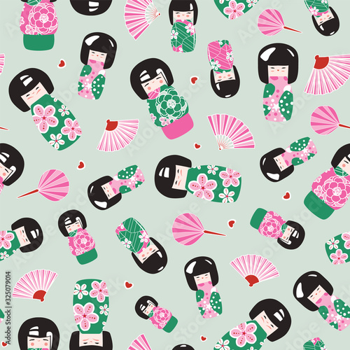 Japanese kokeshi dolls and folding fans. Seamless pattern background design print. Vector illustration
