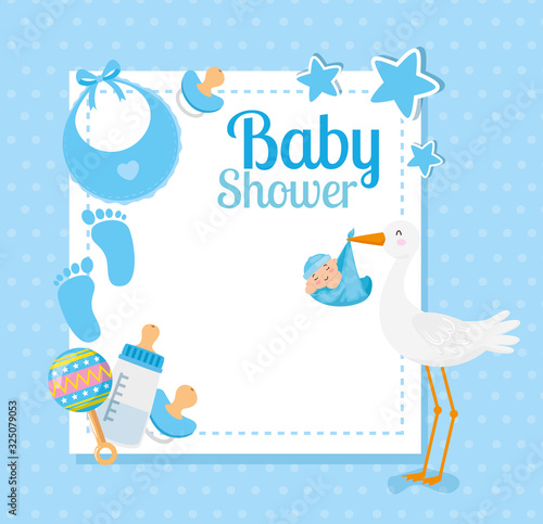 baby shower card with stork and decoration vector illustration design