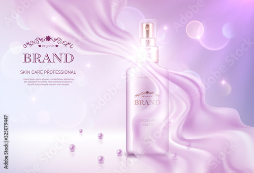 Realistic spray bottle with golden lid on pink bokeh background with smooth transparent chiffon fabric. Advertising poster for the promotion of cosmetic skin care premium product