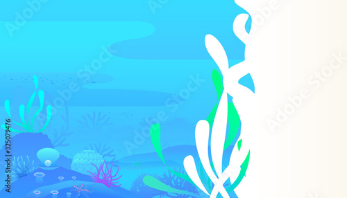Underwater world scene of coral reefs and sea life in the deep blue ocean . Vector illustration