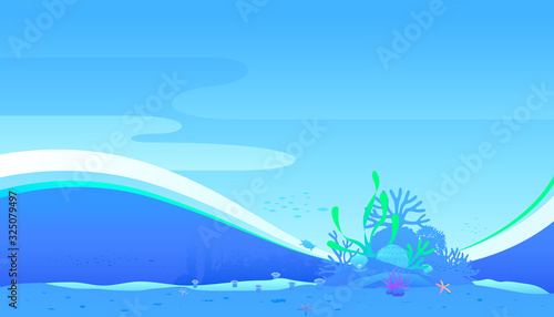 Fototapeta Naklejka Na Ścianę i Meble -  Underwater world scene of coral reefs and sea life in the deep blue ocean . Vector illustration