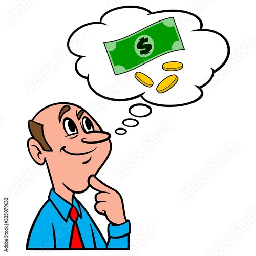 Thinking about Money - A cartoon illustration of a man thinking about saving Money.