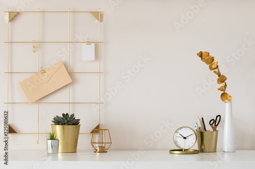 Mock up of woman workplace on light background.
