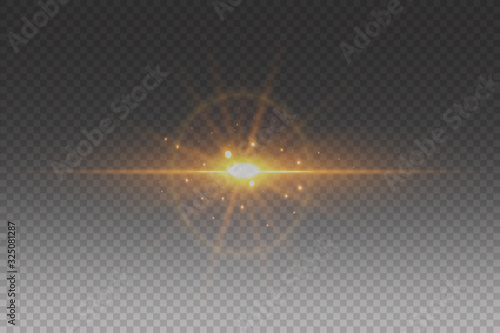 Yellow glowing light explodes on a transparent background. Sparkling magical dust particles. Bright Star. Transparent shining sun, bright flash. Vector sparkles.