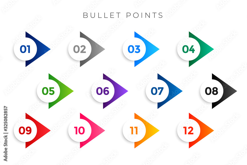 stylish arrow bullet points numbers from one to twelve - obrazy, fototapety, plakaty 