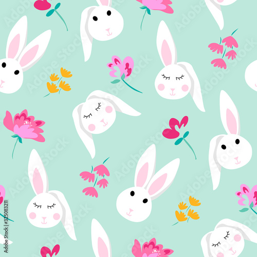 Pattern design cute bunny, rabbit face and small pretty flowers, mint, blue background