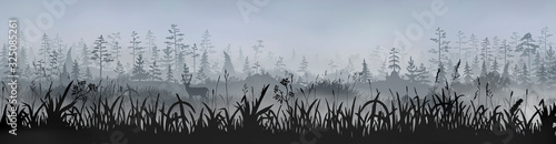 Grass field with a deer in front of the foggy grey morning forest. Vector horizontal long side image for banner, sticker, label, tag.