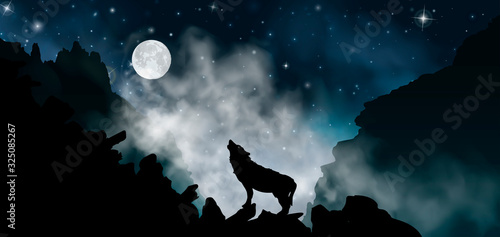 Silhouette of the wolf howling at the moon at night in front of the mountains inside the mist clouds. Vector illustration of the rock landscape.