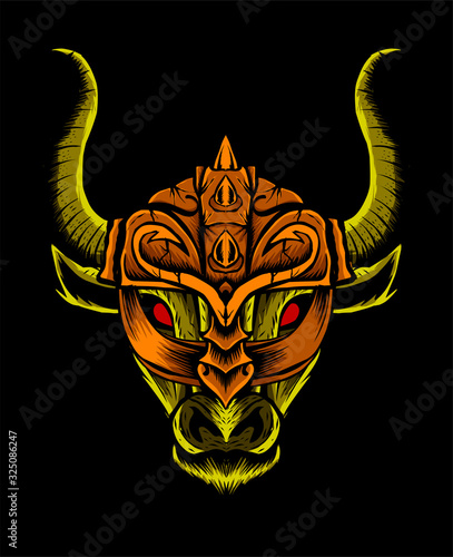 Bull head with viking hat on black background-vector illustration design