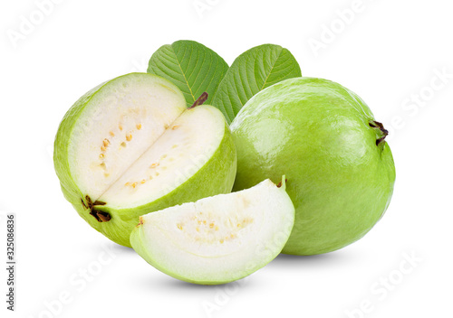 Guava fruit with leaf isolated on white background